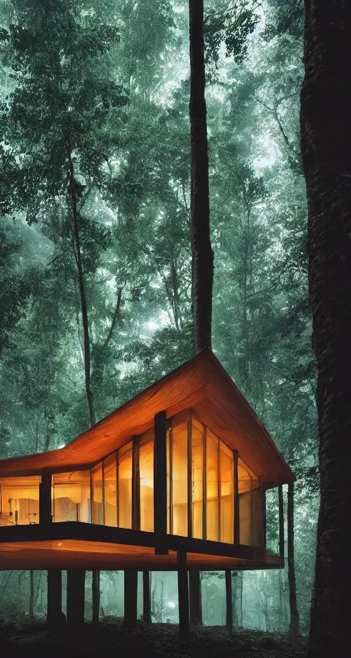 Image similar to an exquisitely designed wooden house in a lush forest, architectural photography, dark and dim lighting, beautiful, tranquil, moody, cinematic, fantasy, 3 5 mm lens, volumetric lighting, first person view, photographic render, hyper realistic