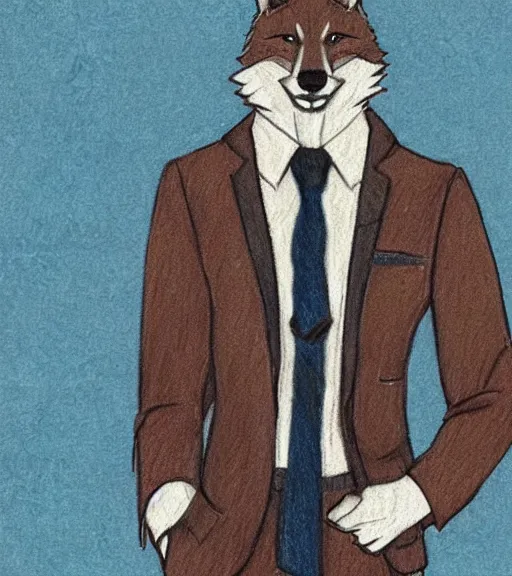 Image similar to master furry artist colored pencil drawing portrait of the anthro male anthropomorphic wolf fursona animal person detective wearing suit and tie