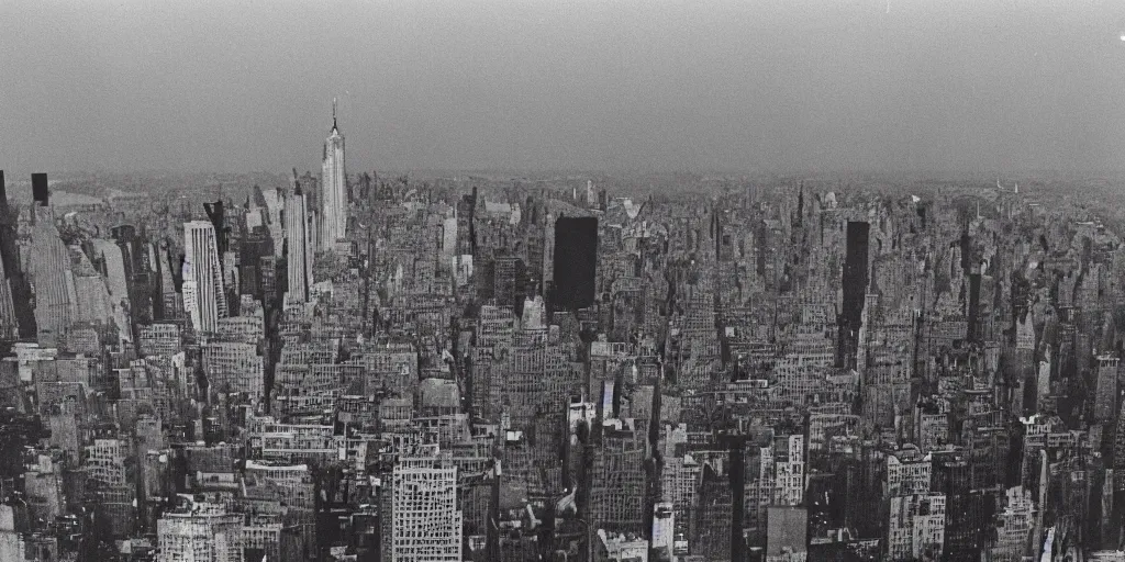 Image similar to vintage color photo of broken physics, singularity, black hole, multiverse portal, highrise NYC 1980's city vista, lone survivor , f12, ISO 400