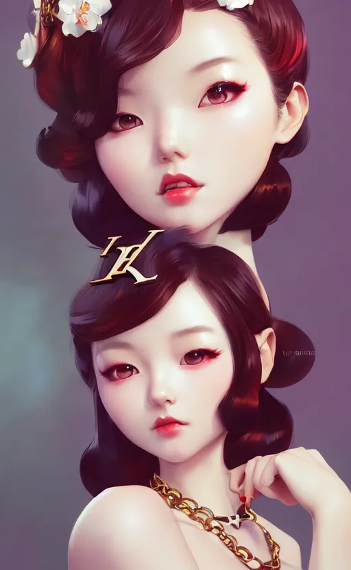 Image similar to a pin up and beautiful fashion charming dreamlke korea girl with lv jewelry, character art, art by artgerm lau and kyoung hwan kim and and ilya kuvshinov and john singer sargent, hyperdetailed, 8 k realistic, symmetrical, frostbite 3 engine, cryengine, dof, trending on artstation, digital art