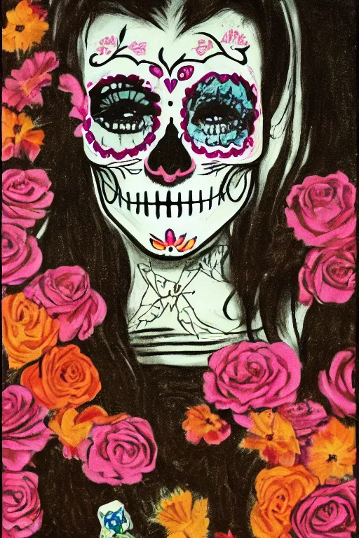 Prompt: illustration of a sugar skull day of the dead girl, art by francis bacon