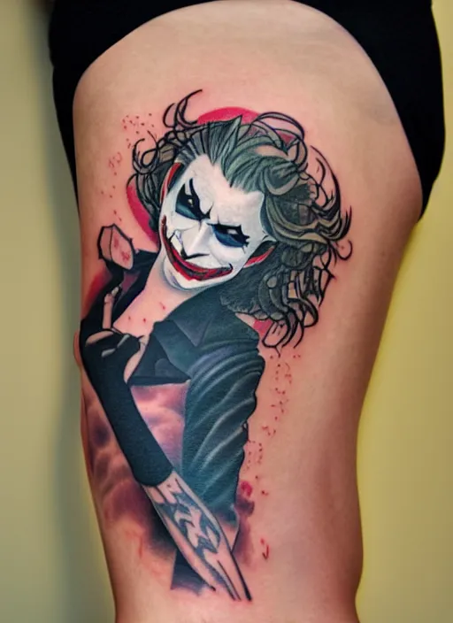 Image similar to a tattoo design of a joker girl holding an ace, hyper realistic
