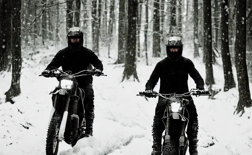 Image similar to cinestill 5 0 d candid photographic portrait by helen levitt of joe biden wearing rugged black mesh techwear riding on a dirtbike through a deep forest, extreme closeup, modern cyberpunk moody emotional cinematic, snow storm, 8 k, hd, high resolution, 3 5 mm, f / 3 2, ultra realistic faces, ex machina