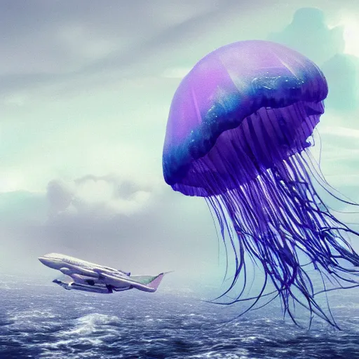 Prompt: A giant jellyfish attacking an airplane, hyperdetailed, artstation, cgsociety, 8k