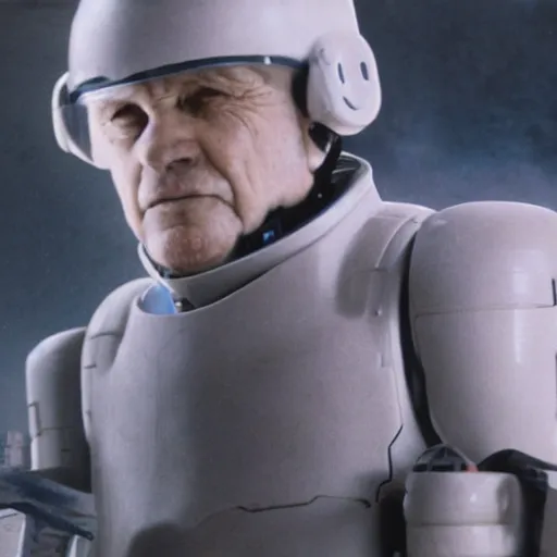 Image similar to close up photograph of an old man who is a veteran of many futuristic wars with short gray hair and blue eyes. he is wearing a white futuristic suit of heavy combat armor and holding a blaster in one hand and a plaster plazma - proof shield in the other. riding a white armored motorcycle charging into enemy lines while firing plasma bolts.