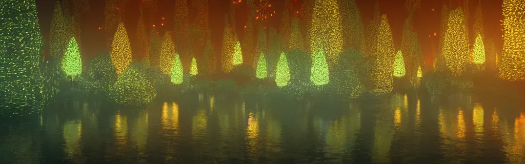 Prompt: dreamy feeling,fantasy forest of glowing trees and glowing flying insects, a lake reflecting the lights, myst on the air, cinematic feel, hyper realistic, high detail, blender render .