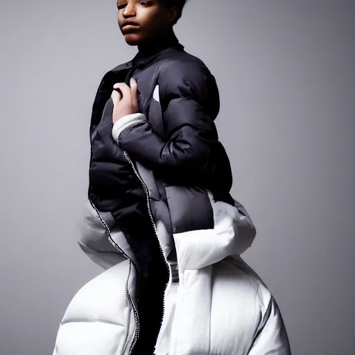 Image similar to realistic photoshooting for a new balenciaga lookbook color film photography close up portrait of a beautiful woman model, model wears a puffer jacket, photo in style of tyler mitchell, ssense