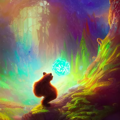 Prompt: a beautiful colorful interesting detailed sci-fi storybook fantasy scene of a bear cub wearing a backpack going through a swirling mystical time portal to Wonderland, magic the gathering, Marc Simonetti and Anato Finnstark, neon pastel color palette, vibrant 8k rendering, Dreamworks concept art, trending on artstation HQ