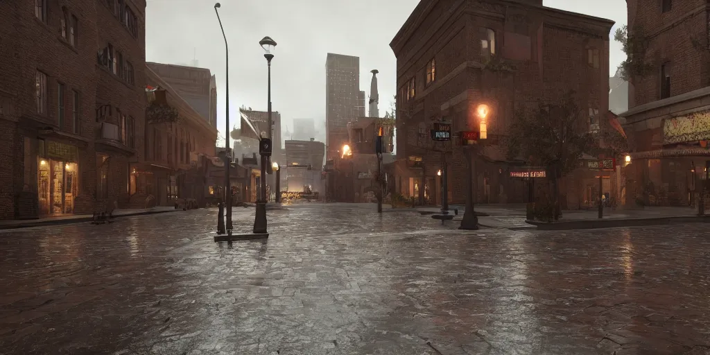 Prompt: medieval downtown denver with heavy rain, cinematic, ultra - realistic, ultra - detailed, octane render, unreal engine 5, depth of field