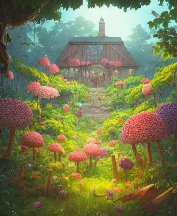 Prompt: a simple, whimsical school made from flowers, overgrown with huge exotic fungus, deep in the woods, cheerful, dramatic lighting, partly cloudy, by dan mumford, yusuke murata, makoto shinkai, ross tran, dreamy, cinematic, unreal engine, cel shaded, featured on artstation, pixiv