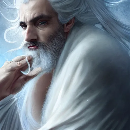 Image similar to white haired robe fu xi full male front body portrait, sit upright on the ground, very long white beard and hair, long hair shawl, fine kindness delicate prefect face features gaze, piercing eye, elegant, style of tom bagshaw, cedric peyravernay, peter mohrbacher, victo nga, 4 k hd illustrative wallpaper, animation style, chinese style