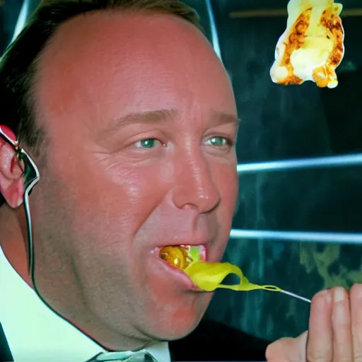 Image similar to alex jones eating a huge twinkle, high definition, color film,