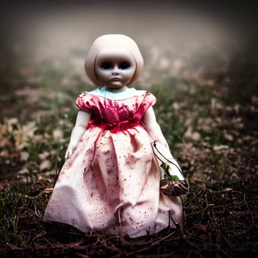 Prompt: embrace porcelain doll, haunted, vintage clothing, locks of raven hair that goes past her feet, spooky mansion, photorealistic, cool colors, glowing red eyes, bokeh, specks of dust, depth of field 20mm,