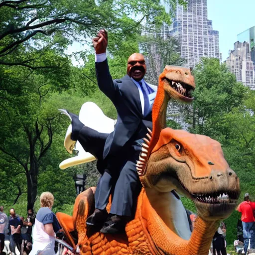 Image similar to steve harvey riding a dinosaur in central park