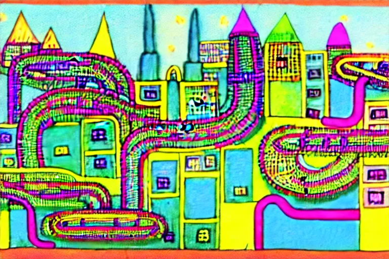 Image similar to an elaborate penned child illustration of a colorful intricate connected city of tubes and pipes, by martin handford and by jan van haasteren