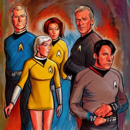 Prompt: adult book illustration of the star trek crew members, by beatrice blue, by julia sarda, by loish. classic, guache, crayons, pastels. traditional. low saturation. artstation. behance