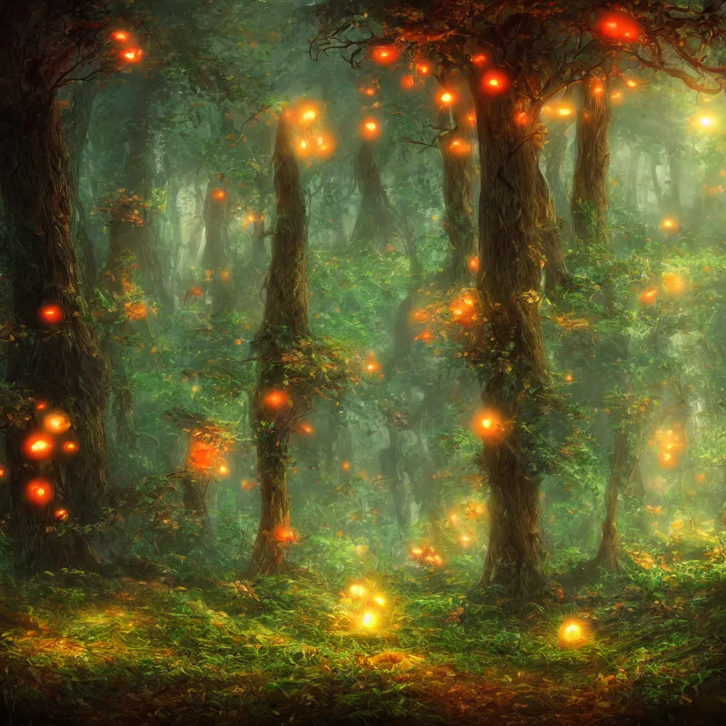 Prompt: Calm magical forest, glowing mushrooms, digital art, trending on Artstation