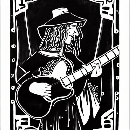Image similar to black white purple painting on black paper, folkloric illustration , the guitar player , tarot by Andreas Rocha