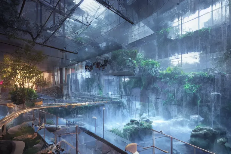 Image similar to modern museum with freshwater aquariums as walls, hyper realistic, ambient lighting, concept art, intricate, hyper detailed, smooth, dynamic volumetric lighting, octane, raytrace, cinematic, high quality, high resolution, 4 k, cgsociety, rutkowski, gurney