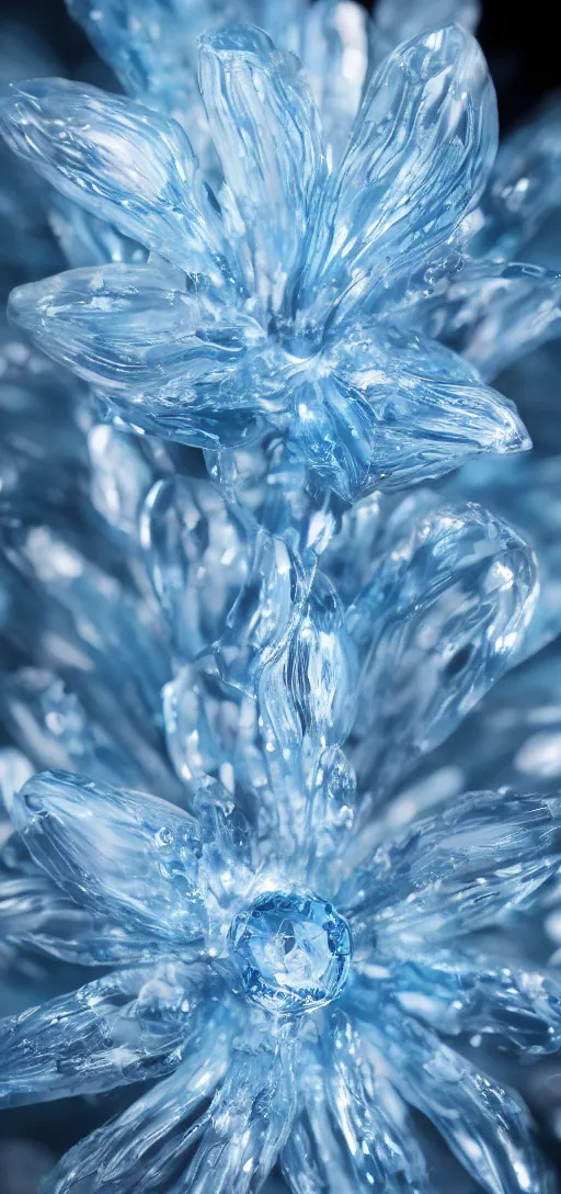 Image similar to portait crystal baby blue flower, octane render uhd, filmic lighting, cinematic art shot, hyperrealistic, hyperdetailed, super detailed, 8 k, high resolution, 8 k uhd, mega high white mountain, midnight