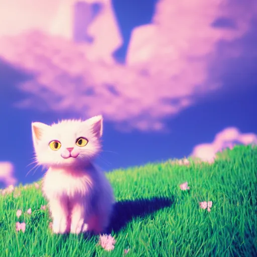 Image similar to a wholesome animation key shot of a kitten on a hill, fluffy pink anime clouds, studio ghibli, pixar animation, sharp, rendered in unreal engine 5, anime key art, bloom, dramatic lighting