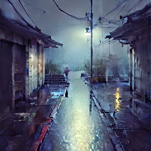 Image similar to walking around dilapidated ikeshima island, nagasaki, japan. volumetric lighting, rain, spring night, dark overcast weather, realistic illustration, perfectly shaded, soft painting, art by krenz cushart and wenjun lin