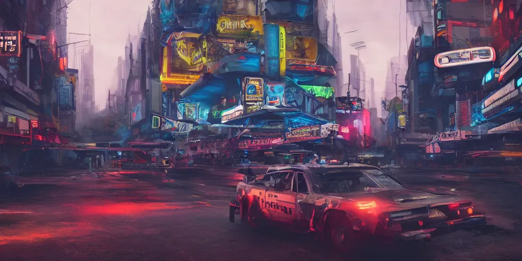 Prompt: a 3 d rendered in unreal engine guatemalan cyberpunk city with flying spaceships with neon ads and signs with evocative dramatic mood with blade runner vibe with cars and floating vehicles with motion blur with depth of field with bloom with lightshaft with volumetric lights, fog, by jeremy mann, oscar winning graphics, photo realistic, bloom, imax, dynamic lighting, artstation,