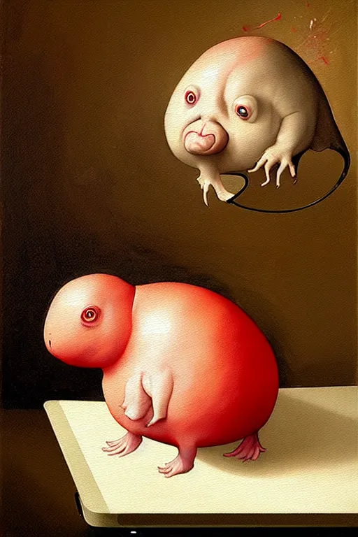 Prompt: hieronymus bosch, greg rutkowski, anna podedworna, painting of small extremely fat white blobfish with bright red hair smiling at a laptop