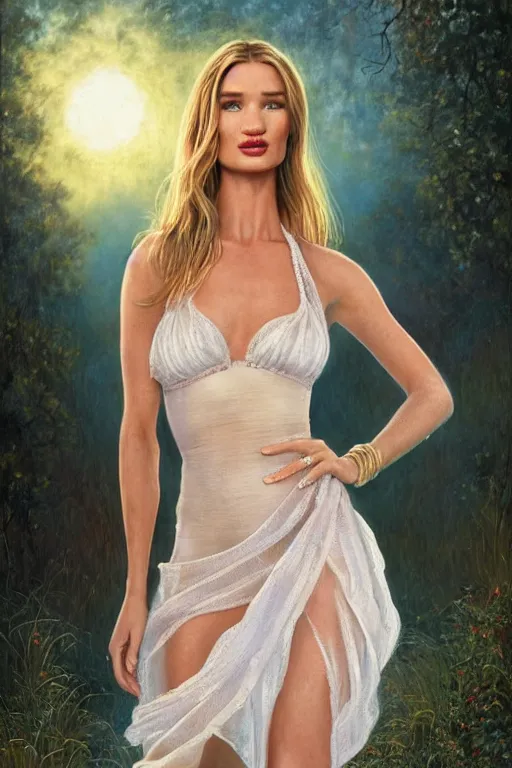 Image similar to Rosie Huntington-Whiteley,big watery eyed, looking at the viewer, sundown misty firefly wisps,double split halter open thigh leaf dress; in the style of Lilia Alvarado, Sophie Anderson, Mark Arian, Bob Byerley, Charlie Bowater, Mark Brooks, Steve Henderson, Justin Gerard, Arthur Hughes, Edward Robert Hughes, Mark Keathley, Victor Nizovtsev, Carlos Shwabe, Ross Tran, WLOP