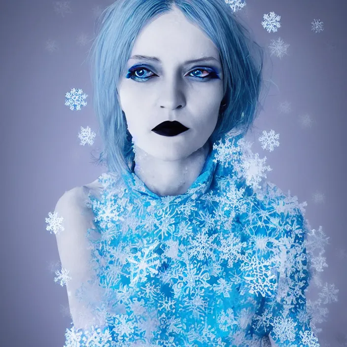 Prompt: a woman wearing a highneck dress made out of snowflakes. she is sickly looking and dying of hypothermia. very pale and blue lips. pale blue hair. full body digital portrait by maromi sagi