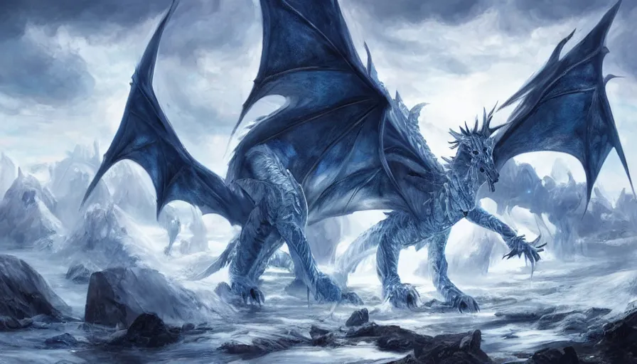 Image similar to epic ice dragon with trendy shapes in a nordic landscape under bright daylight with fluffy clouds, set in the words of the Forgotten Realms and Guildwars2, painted by Hans Fredrik Gude, Greg Rutkowksi and Artgerm, concept art 2022, ultra realistic masterpiece, contrasting details vs blank areas, oil on canvas