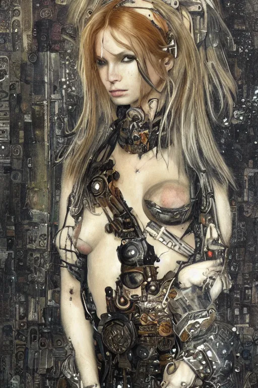 Image similar to portrait of beautiful young gothic maiden, cyberpunk armor, a lot of scars, warhammer, highly detailed, artstation, illustration, art by gustav klimt