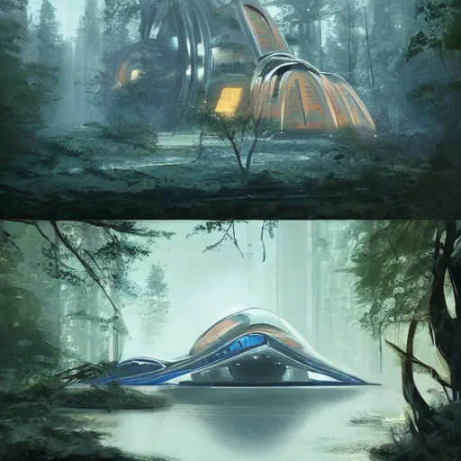 Prompt: A futuristic hotel in the forest with a river and animals around it ,Greg rutkowski, Trending artstation, cinematográfica, digital Art