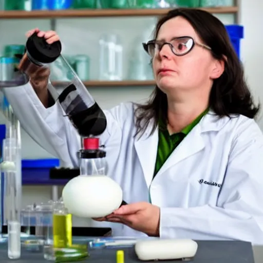 Prompt: scientist accidentally inflated by her own experiment