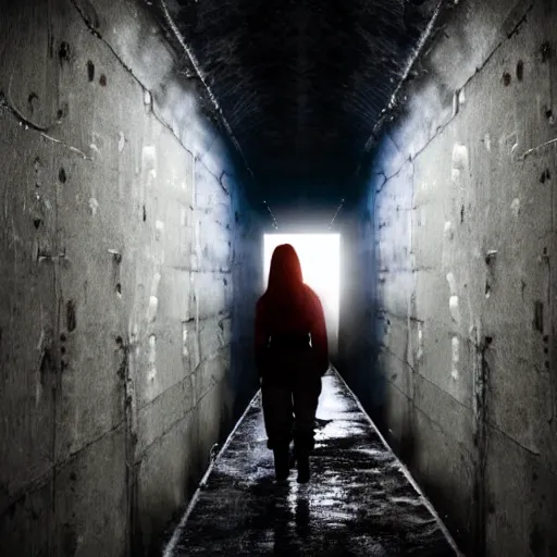 Image similar to woman explores sterile tunnels, fear and dark misery, future, cinematic