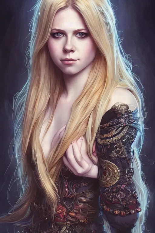 Image similar to portrait of avril lavigne, 2 5 years old, upper body, d & d, fantasy, intricate, elegant, highly detailed, digital painting, artstation, concept art, smooth, sharp focus, illustration, art by artgerm and greg rutkowski and alphonse mucha