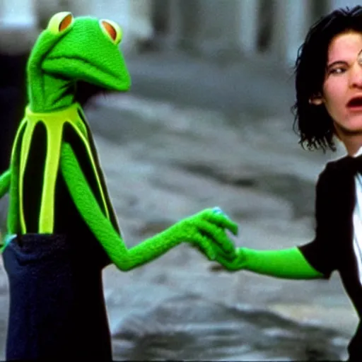 Prompt: Kermit the frog in a scene from the film The Matrix