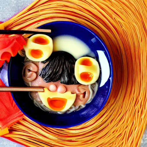 Image similar to danny devito face in a bowl of ramen