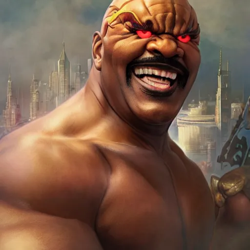 Image similar to steve harvey as balrog from street fighter, boxing gloves, punching air, ultra realistic, concept art, intricate details, eerie, highly detailed, photorealistic, octane render, 8 k, unreal engine. art by artgerm and greg rutkowski and magali villeneuve and alphonse mucha