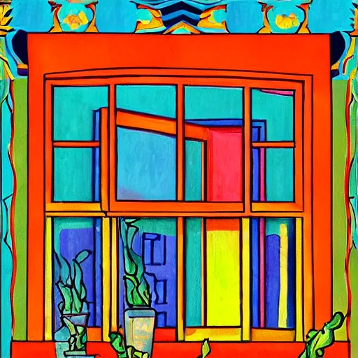 Image similar to a painting beautiful window open front view, fauvism, ornate, oil on canvas, art deco, digital illustration, colorful architectural drawing, watercolor painting, behance contest winner, vintage frame window, native art, trend in behance hd, 2 d illustration, detailed painting