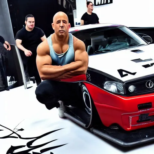 Prompt: Vin Diesel with a mulet beside a euro tuning car