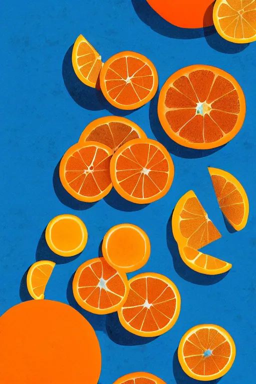 Prompt: a poster of summer ,water,wave , orange and orange slices,blue theme and Yellow accents,Colour composition by Kenya Hara