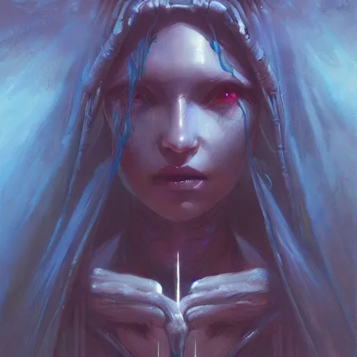 Prompt: an acrylic on canvas painting of a beautiful alien priestess by Greg Rutkowski, Artgerm and Beksinski. Epic fantasy art.