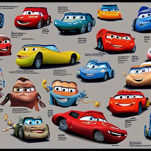 Prompt: Disney's Cars anatomical study