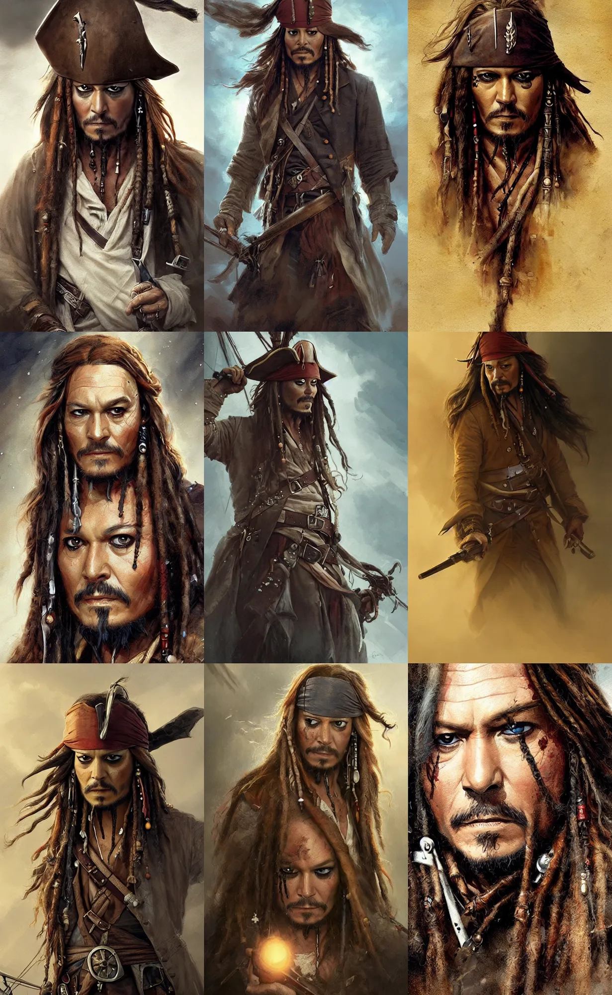 Prompt: patrick stewart as captain jack sparrow, concept art, detailed face, fantasy, highly detailed, cinematic lighting, digital art painting by greg rutkowski