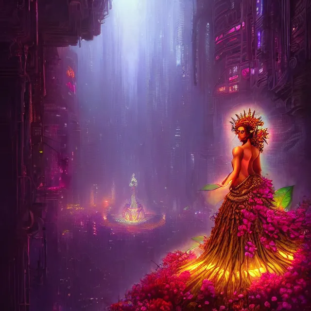 Image similar to Beautiful 3d render of the flower queen goddess in a sensual pose, atmospheric lighting, painted, intricate, volumetric lighting, beautiful, rich deep colours masterpiece, sharp focus, ultra detailed, in the style of Dan Mumford and marc simonetti, with a crowded futuristic cyberpunk city in the background, astrophotgraphy