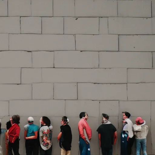 Prompt: people lineup in front of wall facing the camera