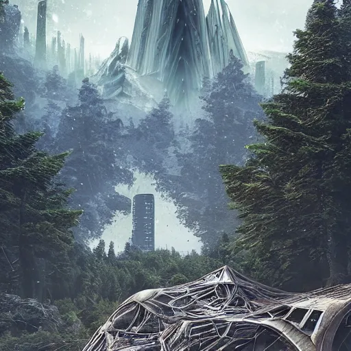 Image similar to future city covered by forest creature, trees, plant, broken buildings, doom of the gods, monster, gravity mess, star trek, glory war, photograph, cinematic matte painting, zaha hadid building, photo realism, desolate glacial landscape