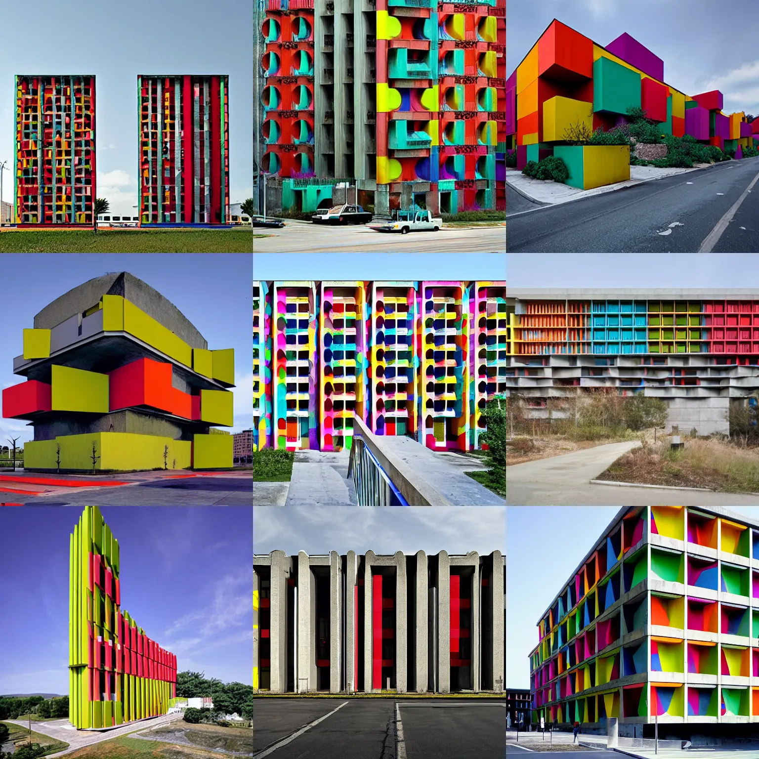 Prompt: colorful brutalism superstructures