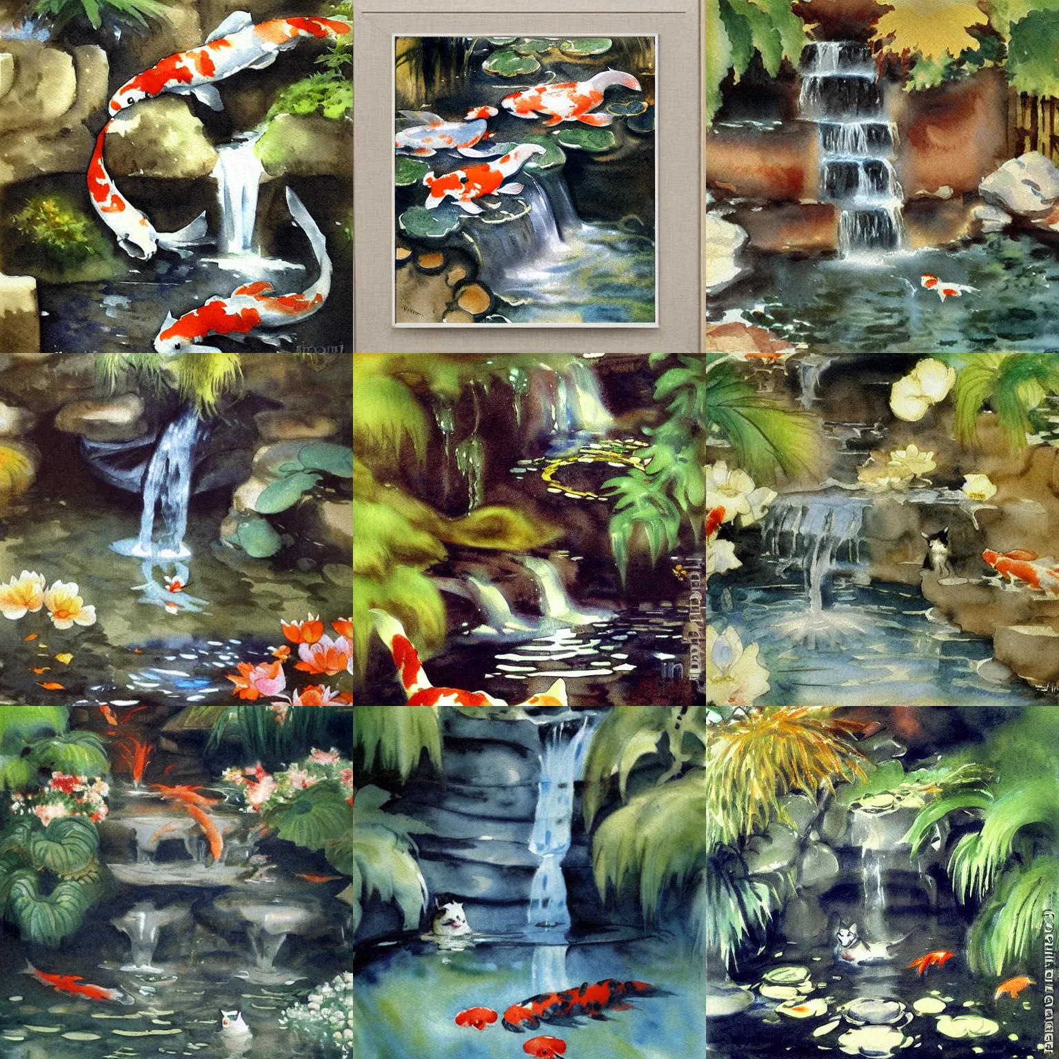 Prompt: cat looks at koi waterfall, intricate impressionism watercolor painting by john singer sargent